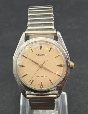 Vintage Men's Gruen Precision Silver Tone Watch ''WORKING'' with vntg NewFlex band
