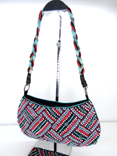 Accessorize Bag Beaded Purse Shoulder Red Blue Beads Zip Bohemian Gypsy - 第 1/17 張圖片