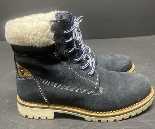 Landrover Blue Leather Ankle Boots Women’s 38 US 7.5 Faux Fur Padded Collar