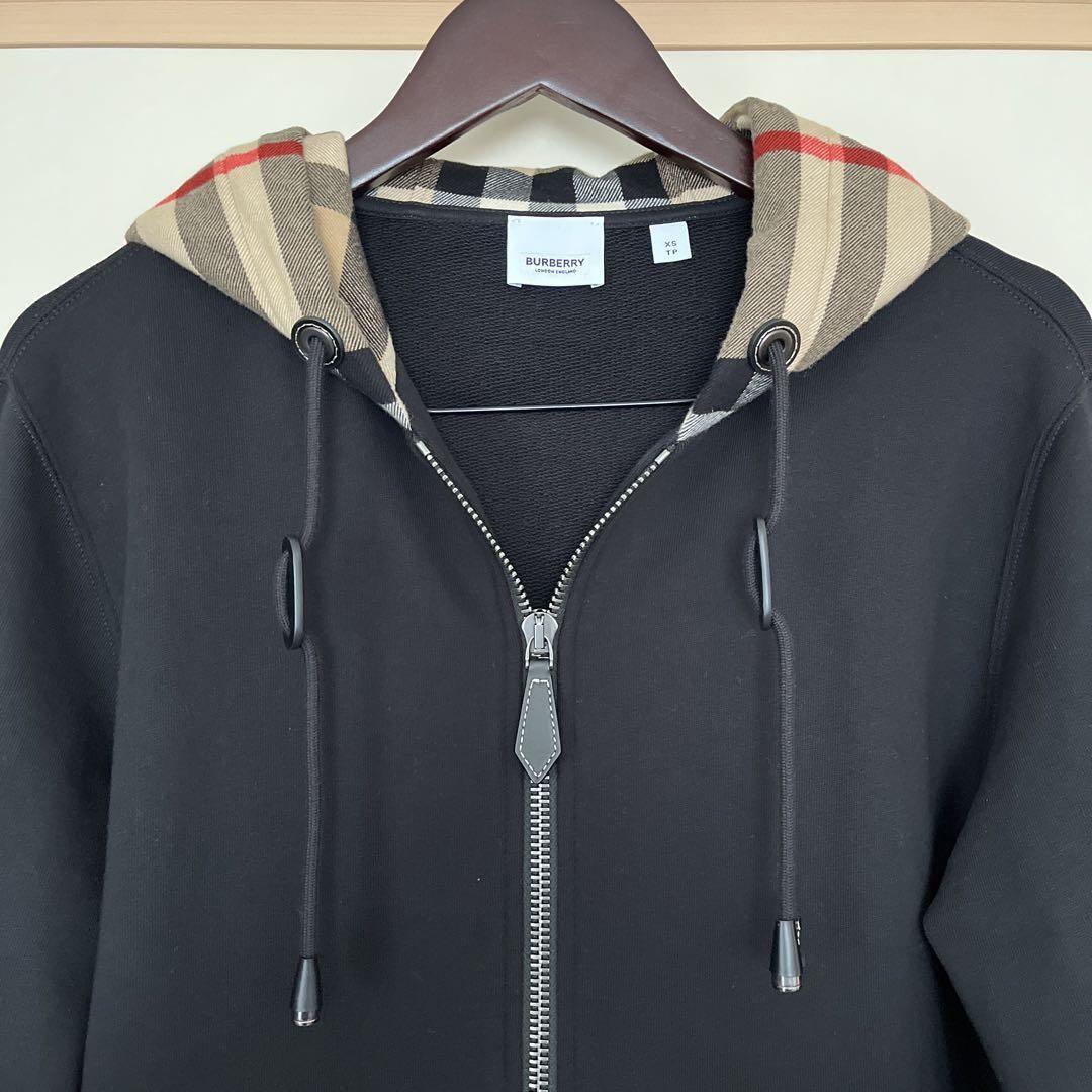 Burberry Full Zip Hoodie Black XS Cotton Checked Hood Unused Burberry Full Zip Hoodie Black XS Cotton Checked Hood Unused