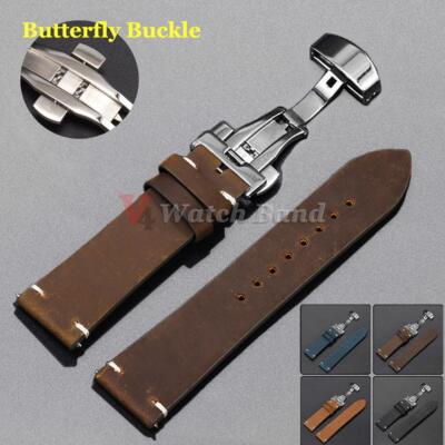 Leather Stitched Watch Strap with Deployment Clasp Buckle Black Brown Retro Band
