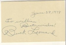 Tarjeta de 7 x 4 5/8 pulgadas firmada 1978 por el miembro del Salón de la Fama Buck Leonard Ligas Negras