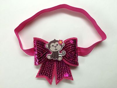 Cute!!!!! Hot Pink Monkey Baby Girl Elastic Headband Hair Bow.