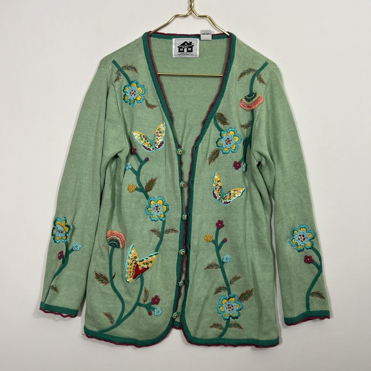 Sweat Vintage Pour Femme, Motif Brodé Papillon, Col Double, Coupe Cardigan, Bleu Doux Taille 2XL