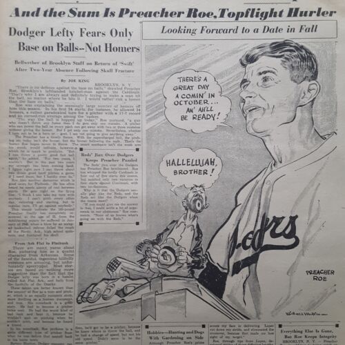 Preacher Roe Brooklyn Dodgers 1950 Original by Willard Mullin Ebbets Field