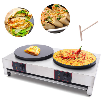 2-Burner Commercial Electric Crepe Maker 16'' Pancake Baking Machine With Rake