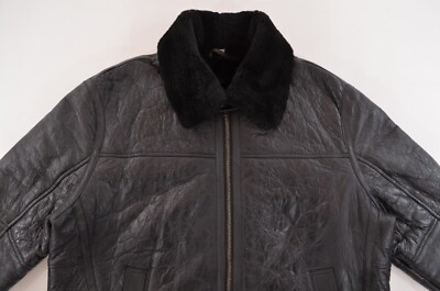 JayZee 90s Vintage Black Leather Sheepskin Bomber Pilot Jacket