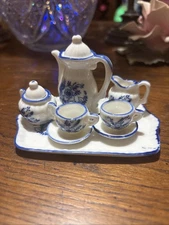 10 Pc. Handcrafted Miniature Dollhouse Tea Set With Tray Delft Look Blue Design