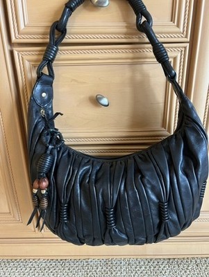 Isabella Fiore Black Ruched Leather Large Hobo Wood Bead Tassle  EUC