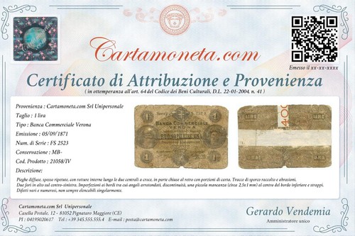 1 LIRA BIGLIETTO FIDUCIARIO BANCA COMMERCIALE VERONA 05/09/1871 MB- - Afbeelding 4 van 6