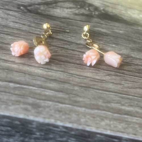 Carved Coral Rose Earrings Vintage Gold Jewelry - Picture 2 of 9
