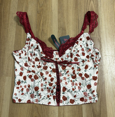 NWT Romwe Floral Lace Corset Cami Top Red Rose Print Size Womens Large
