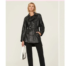 ATLEIN COLLECTIVE Black Textured Faux Leather Belted Trench Coat Jacket Medium