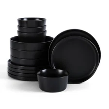 Celina Stoneware 12-Piece Dinnerware Set, Cereal and Pasta Bowls, Black, Coupe