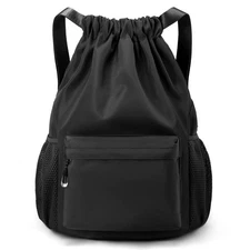 Black Drawstring Backpack for Women, Waterproof Drawstring Gym Bag for Men, S...