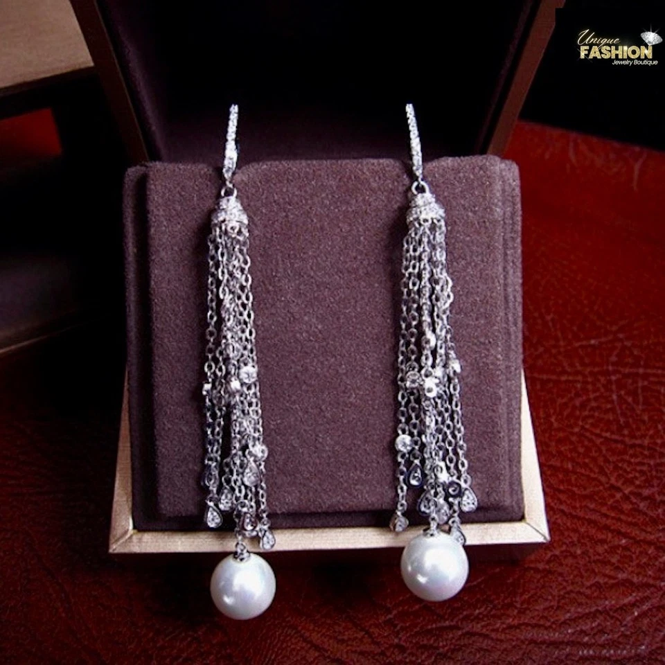18k White Gold Plated Tassel Chandelier Earrings made w Swarovski Crystal Gift - Image 3 of 4