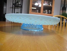 Rare VTG Fenton Blue Aqua Crest Opalescent Low Footed Cake Stand W/Lip,Pretty!