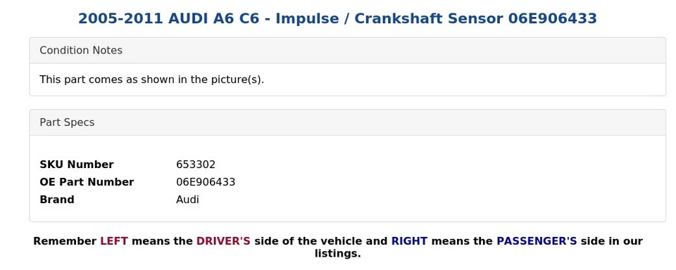 2005-2011 AUDI A6 C6 - Sensor de impulso/vibrequim 06E906433 - Imagem 4 de 4