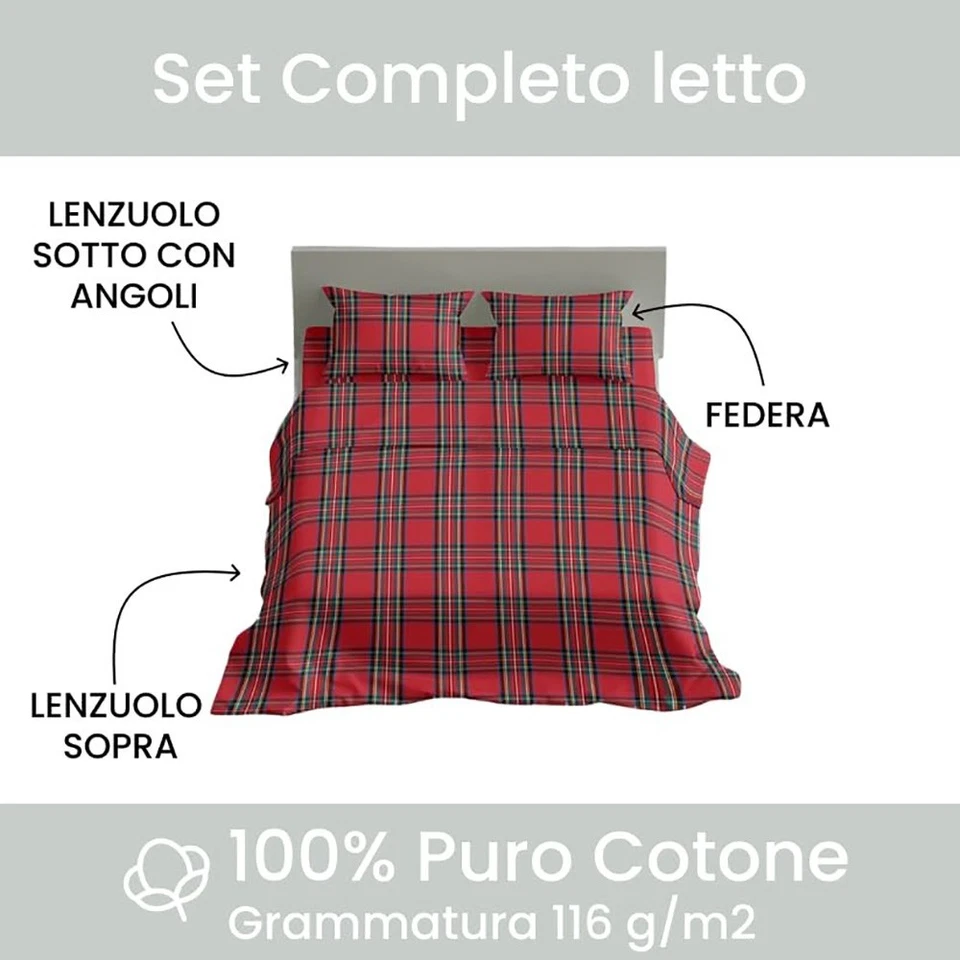 Completo Lenzuola Tartan Scozzese 100% Cotone - Completo Letto Natalizio - Immagine 3 di 4