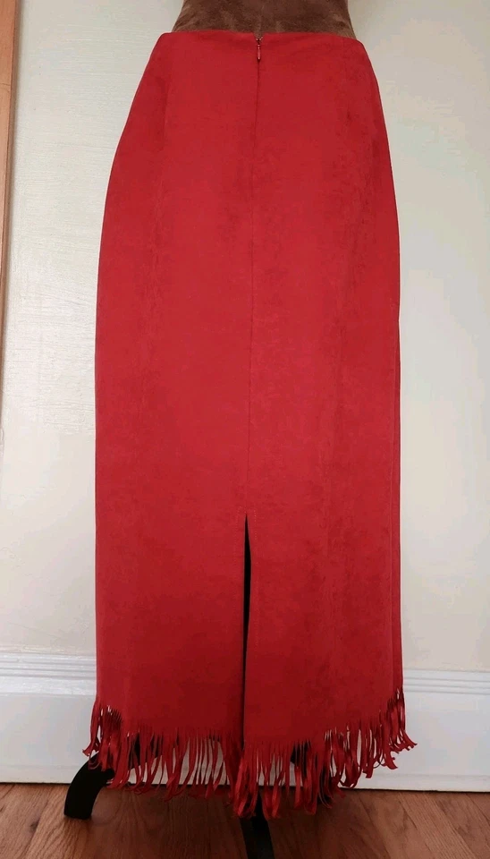 Falda Vintage CLIO Falda Flecos Roja Microfibra Talla 12 Lápiz Recto Western Foto 3 de 4