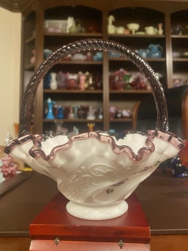 RARE LMT ED Bill Fenton PLUM Crest Paisley Glass Basket B Fenton Signature #1237