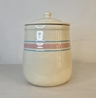 VTG 90s Retro McCoy Cream Blue Pink Stripe Large Canister Cookie Jar Crock W Lid