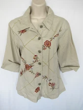 STUDIO WEST WOMANS M brown red green floral embroidered button 3/4 sleeve SHIRT