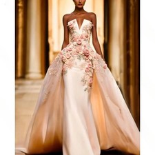 Champagne Strapless VNeck 3D Floral Applique Mermaid Gown Formal Evening Dresses