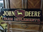 VINTAGE "JOHN DEERE FARM IMPLEMENTS" 36" X 12" PORCELAIN METAL TRACTOR 🚜  SIGN!