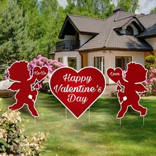 Valentine's Day Yard Signs Red Love Heart Cupid Lawn Sign for Indoor Outdoor