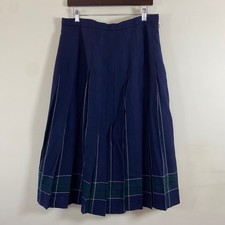 Vintage L.L. Bean Wool Pleated Midi Skirt Navy Plaid Scotland Made Preppy Retro