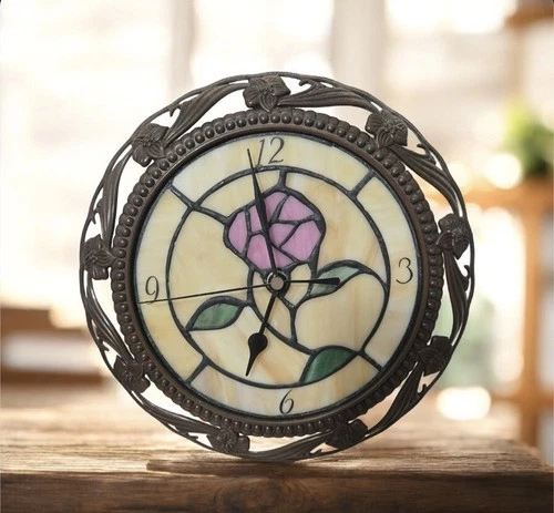 Vintage Tiffany Style Stained Glass Wall Clock With Pink Flower TESTED 9x9