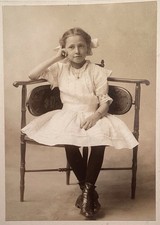 1910  s Antique Cabinet Photo Young Lady Girl Beauty Seated On Interesting Chair