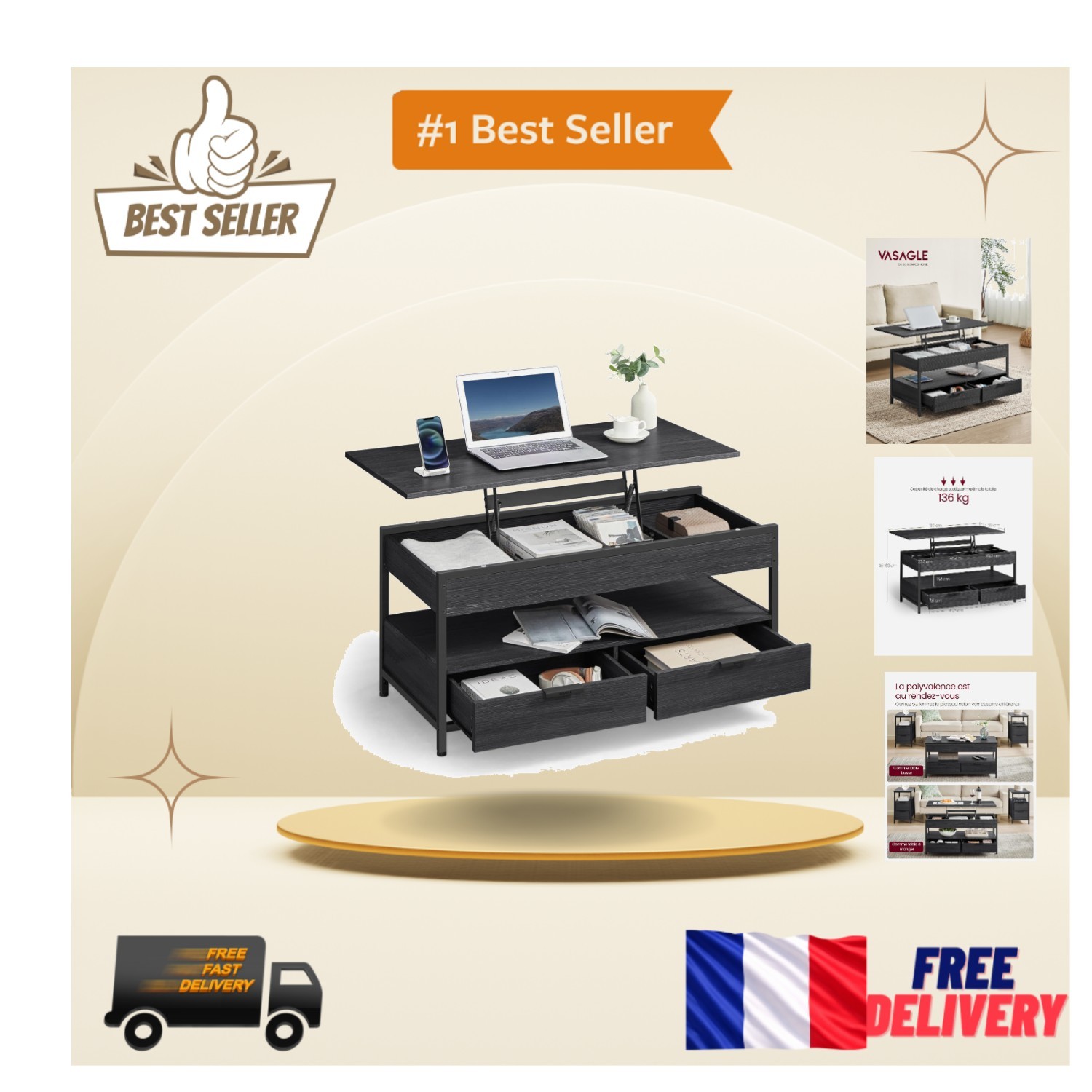 Table basse avec éclairage LED intégré et plateau relevable