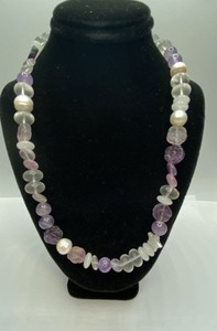 Sterling Silver Amethyst, Clear Quartz, & Freshwater Pearl Beaded Necklace 40.0g