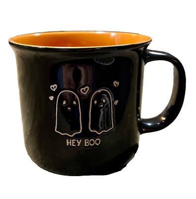 MARKET FINDS Cute Ghosts Coffee Cup, ''Hey Boo'' Black with Saturated Orange Bowl