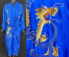 Vintage Chinese Blue Silk Gold Fish Dragon Phoenix Embroidery Belted Kimono Robe