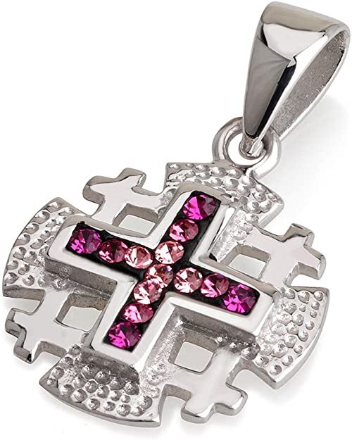 Colgante Cruz Jerusalén Plata de Ley 925 Con Piedras Preciosas Rosa Colores