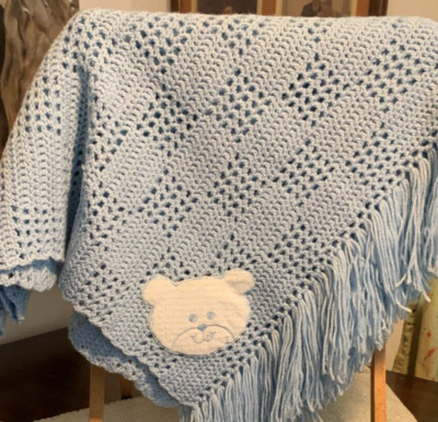 Lt Blue Hand Crochet Baby Blanket w/Blue Bear Face Sewn in Corner 42''W x 56''L