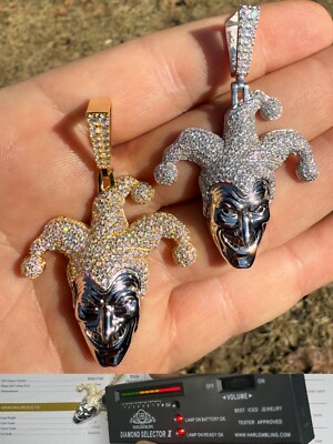 Real Moissanite Jester Joker Mask Iced Pendant Necklace 925 Silver / Gold HipHop