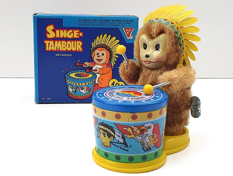 SINGE JOUEUR DE TAMBOUR   MF MARKI CORÉE   ANCIEN JOUET MÉCANIQUE   FONCTIONNE - Photo 2/4