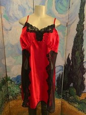Cacique Plus 22/24 Red Satin Black Lace Trim Mesh Chemise