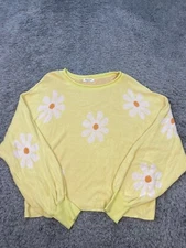 Ekouaer Sweater Womens Medium Yellow Floral Raglan Sleeve Round Neck Pullover