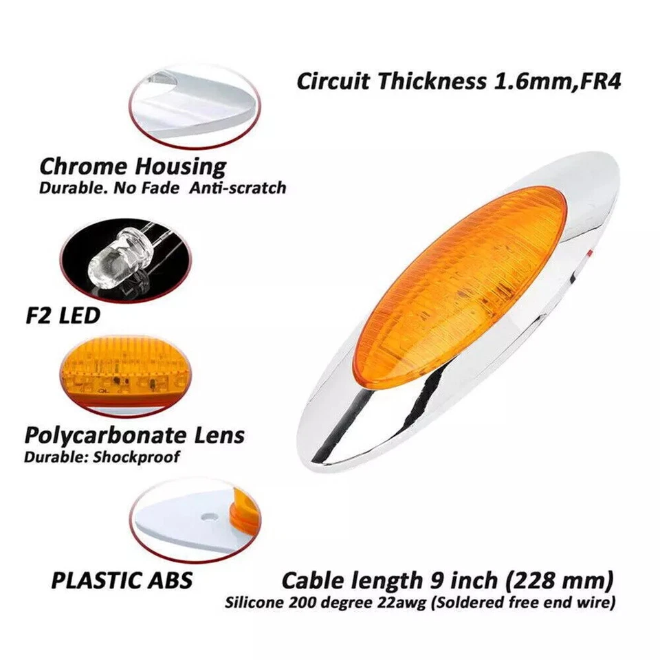 4x 6.5" Amber 16 LED Oval Side Marker Light for Freighliner Peterbilt Semi-Truck - Image 3 of 4
