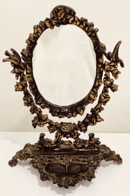 Art Nouveau Cast Iron Swivel Mirror Stand Oval With Trinket Tray Vintage 13x9in