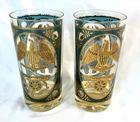 Vtg Pair Georges Briard Federal Eagle Aqua 22k Gold MCM Highball Glasses Horse
