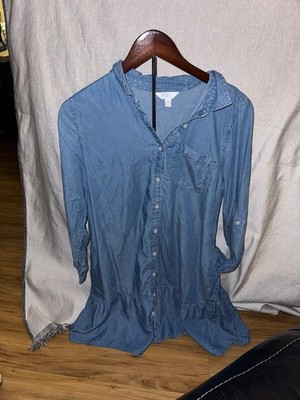 Time and Tru Women's Ruffle Trim Mini Shirtdress with Long Sleeves Size M (8-10)