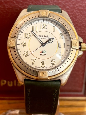 #ad Pulsar Y147 8100 Quartz Watch White Dial Green Leather 40.1mm Vintage $140.00
