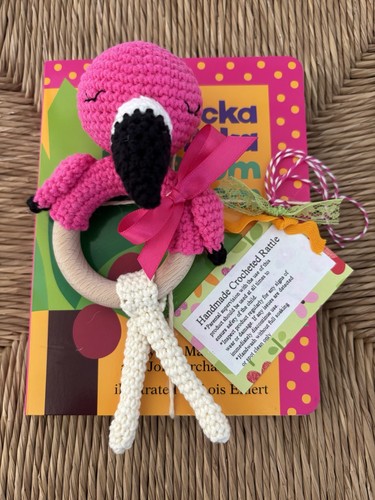 New Baby Crib Toy - Handmade Crochet Flamingo Rattle Toy and Book Shower Gift - Picture 2 of 9