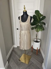 H&M Gold Pleated Cocktail Dress Size M Metallic Sleeveless Party Knee Length